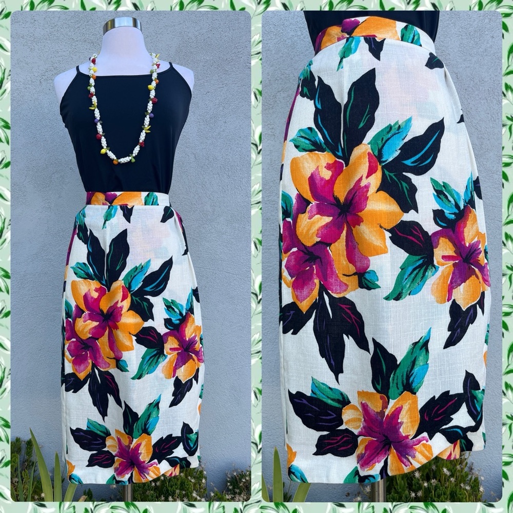 Vintage 1990s Norton McNaughton Linen Tropical Wrap Midi Dress Sz XS